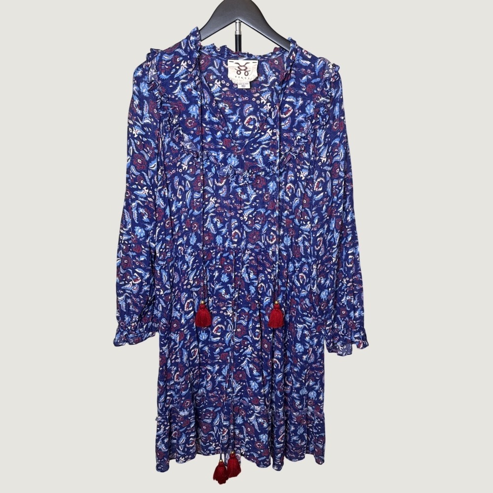 Figue Blue Paisley Floral Tassel Tiered Mini Dress Womens Size M/L Boho Ruffle